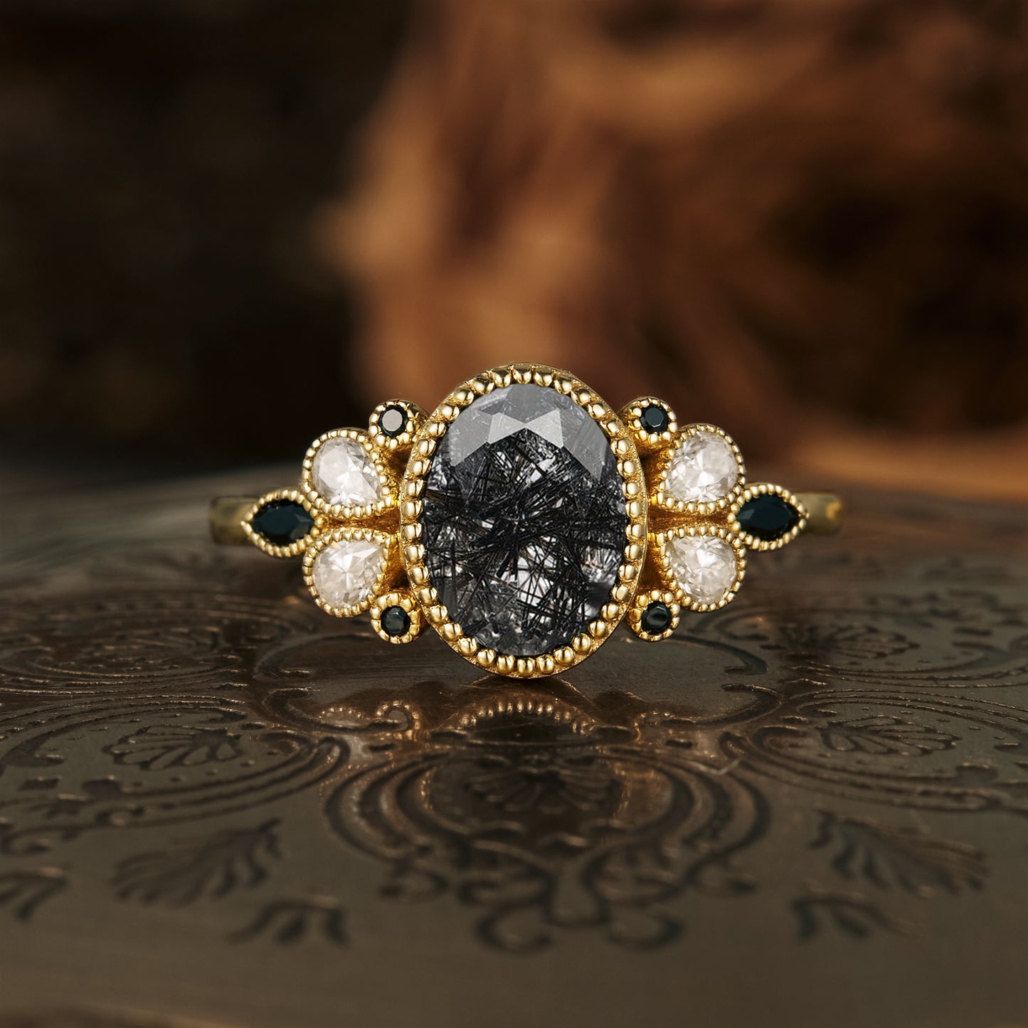 GemsMagic Vintage  Black Rutilated Quartz Engagement Ring