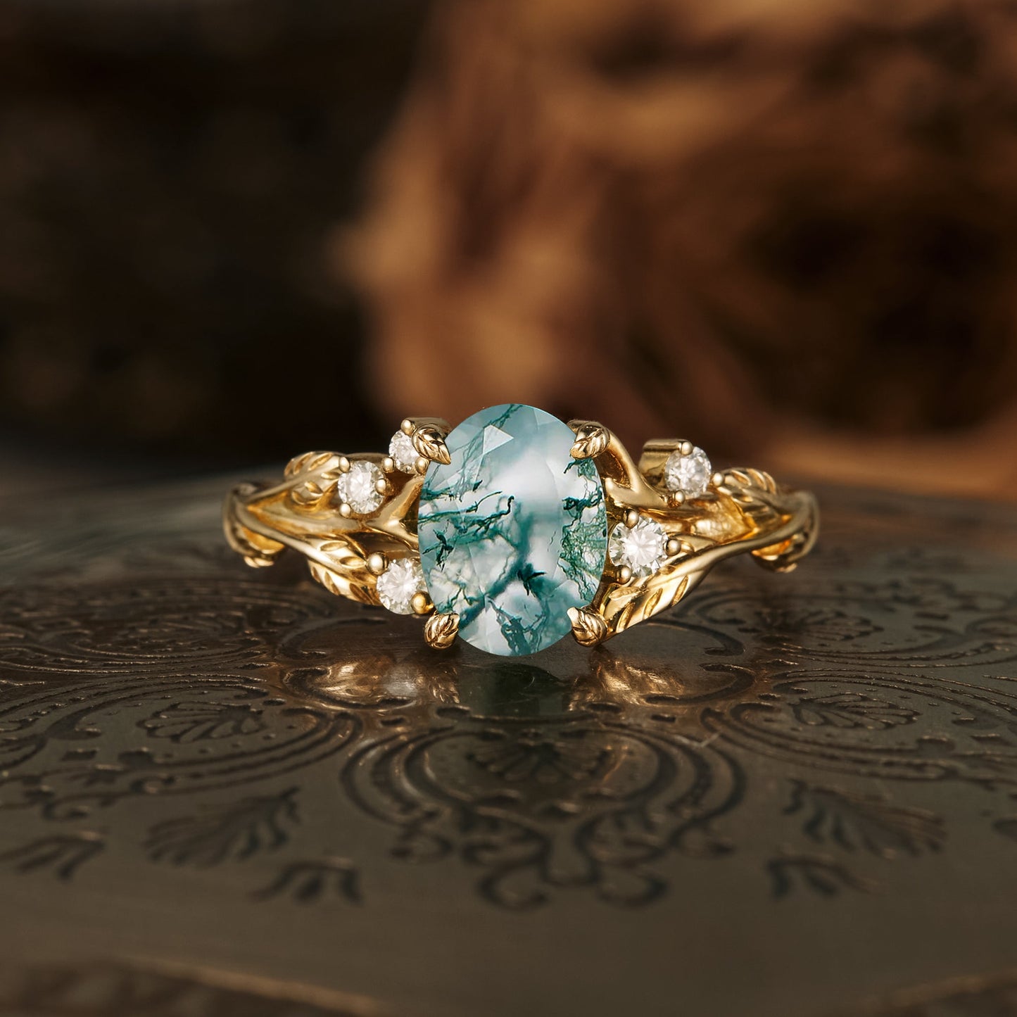 Custom Ring - GemsMagic Vintage Moss Agate Leaf Floral Engagement Ring