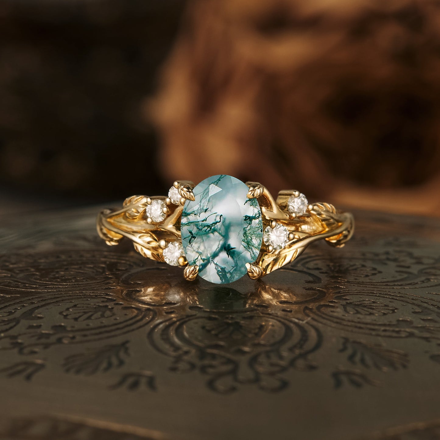 Custom Ring - GemsMagic Vintage Moss Agate Leaf Floral Engagement Ring - GemsMagic