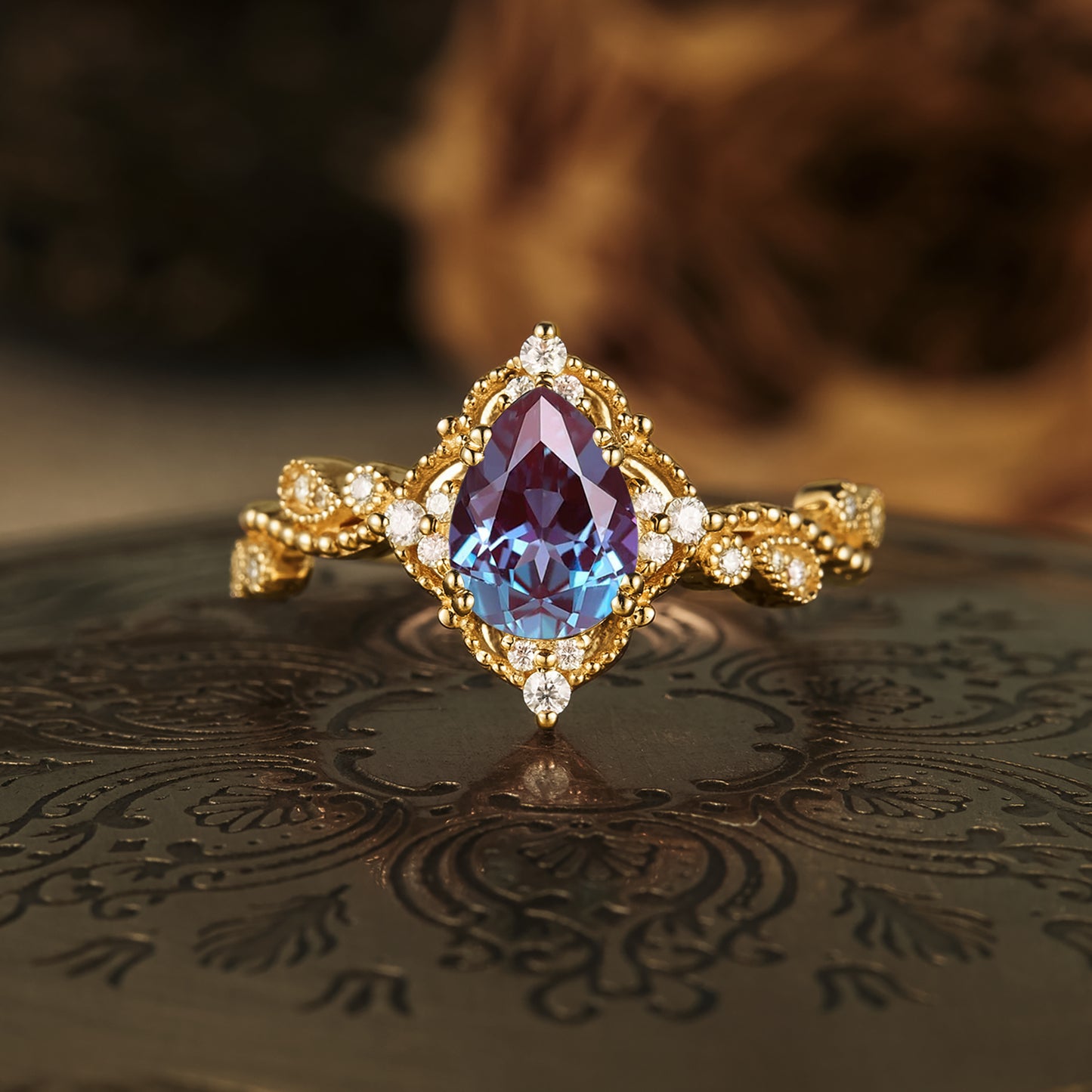 GemsMagic Pear Cut Alexandrite Twisted Engagement Ring