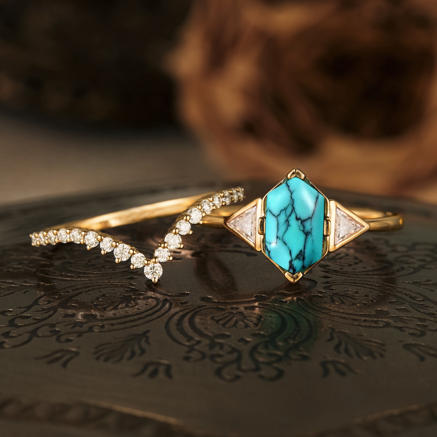 GemsMagic Boho Turquoise Engagement Ring Set 2pcs