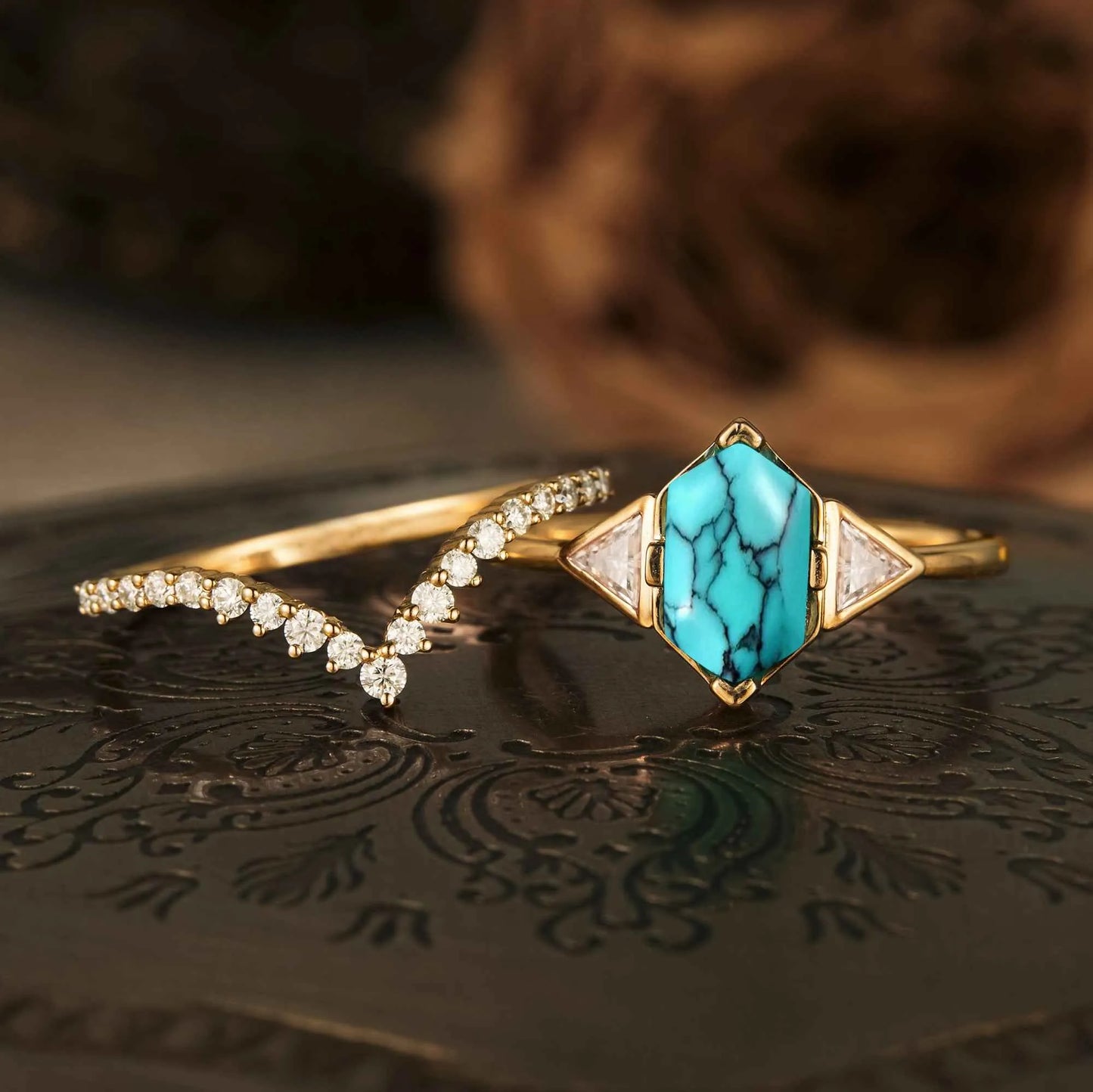 Boho Turquoise Engagement Ring Set