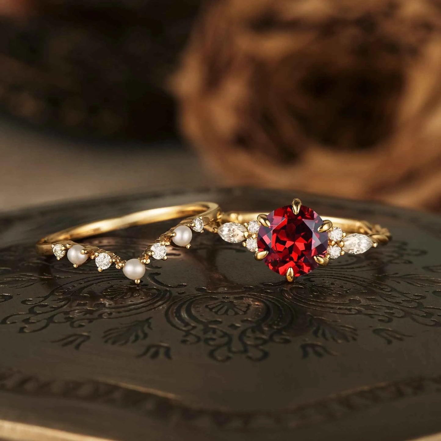 Fantasy Ruby Engagement Ring Set