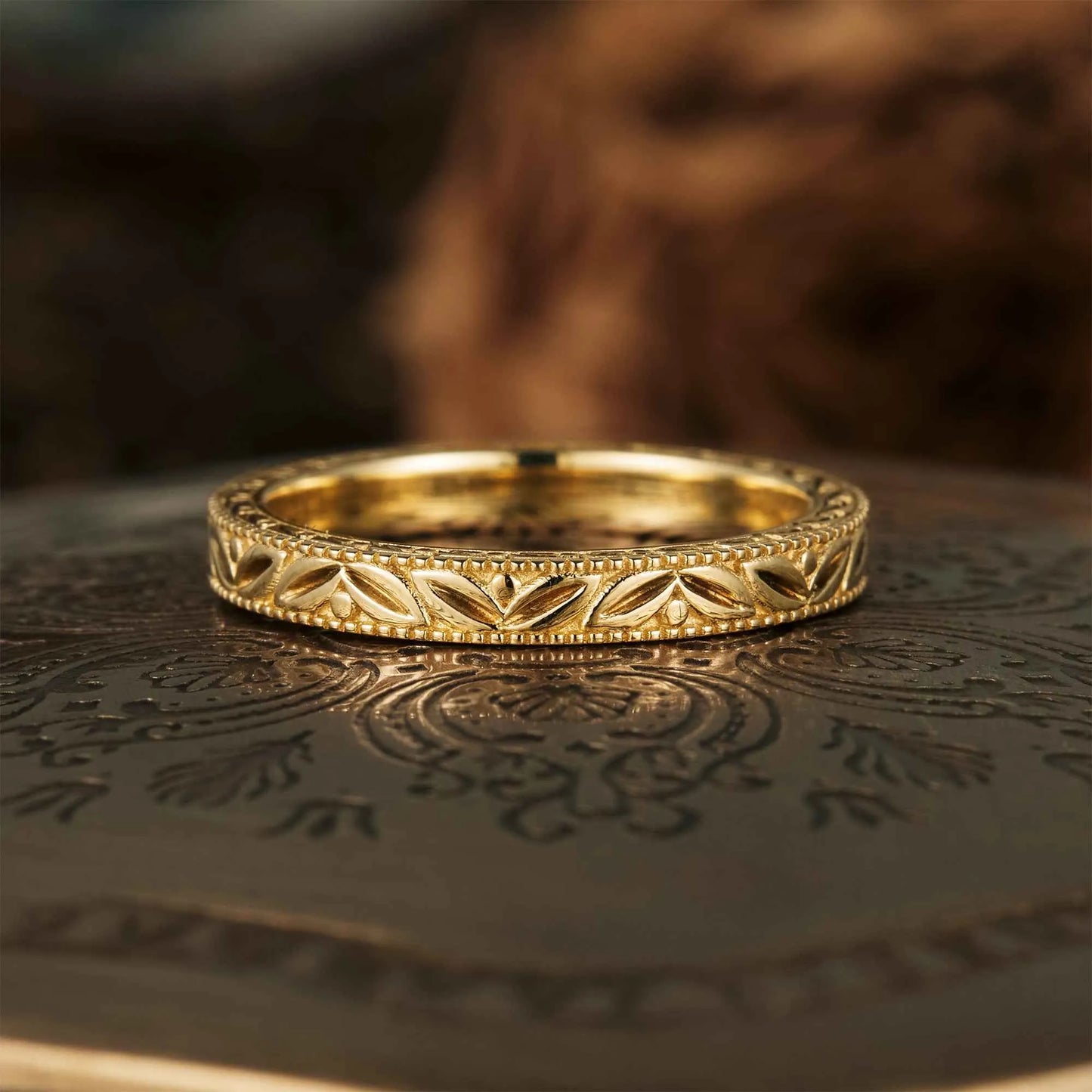 Handmade Engraved Natural Inspired Leaf Wedding Band