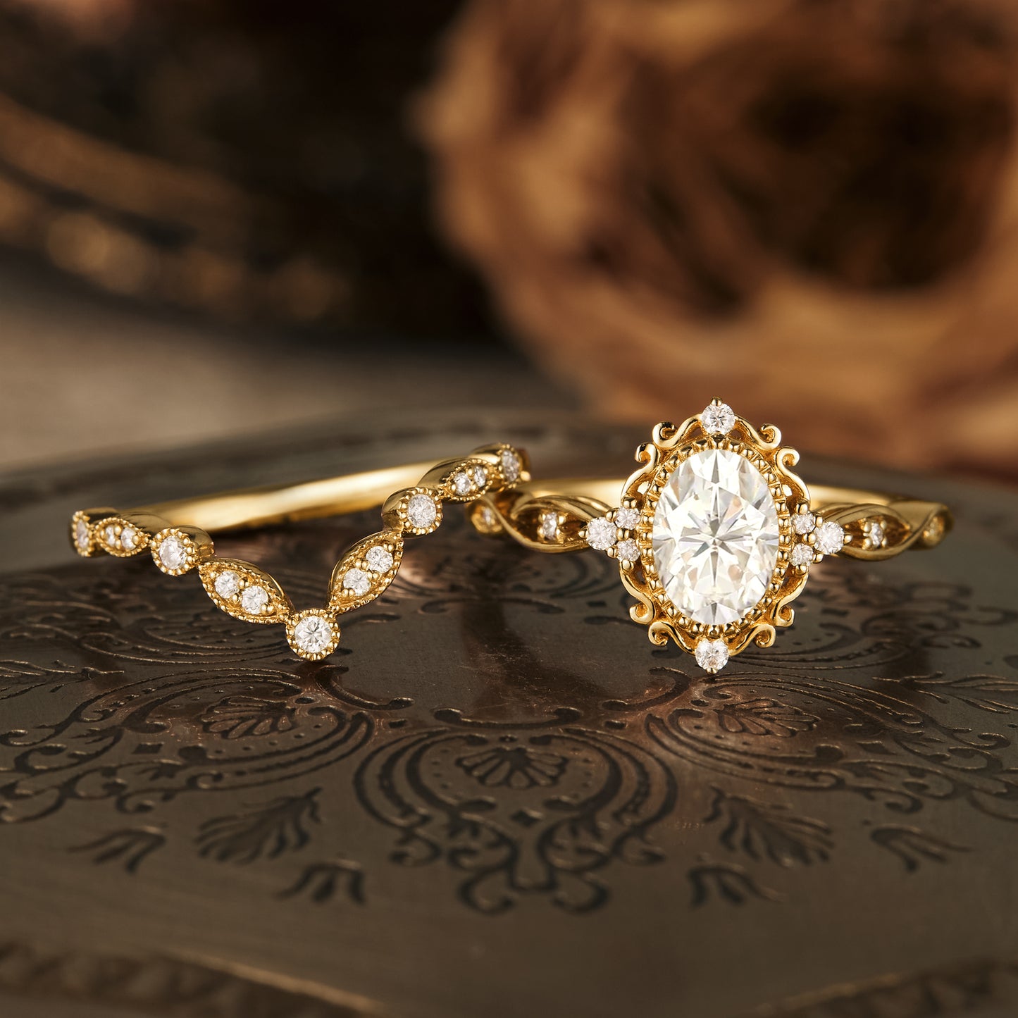 GemsMagic Moissanite Filigree Engagement Ring Set 2pcs
