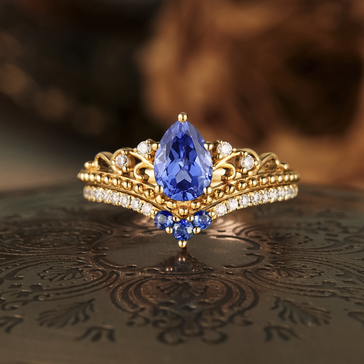 GemsMagic Vintage Cornflower Sapphire Engagement Ring Set 2pcs