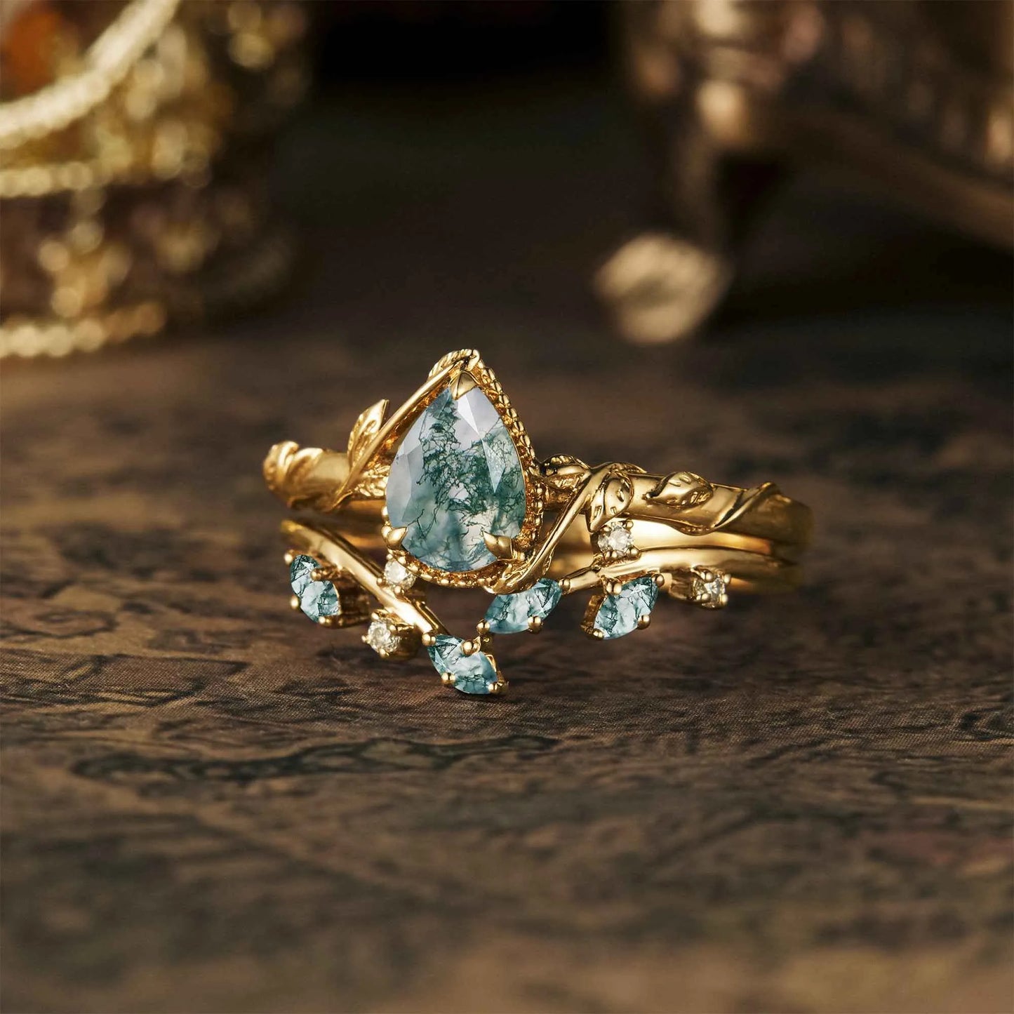 Pear Shaped Moss Agate Cluster Leaf Engagement Ring Set