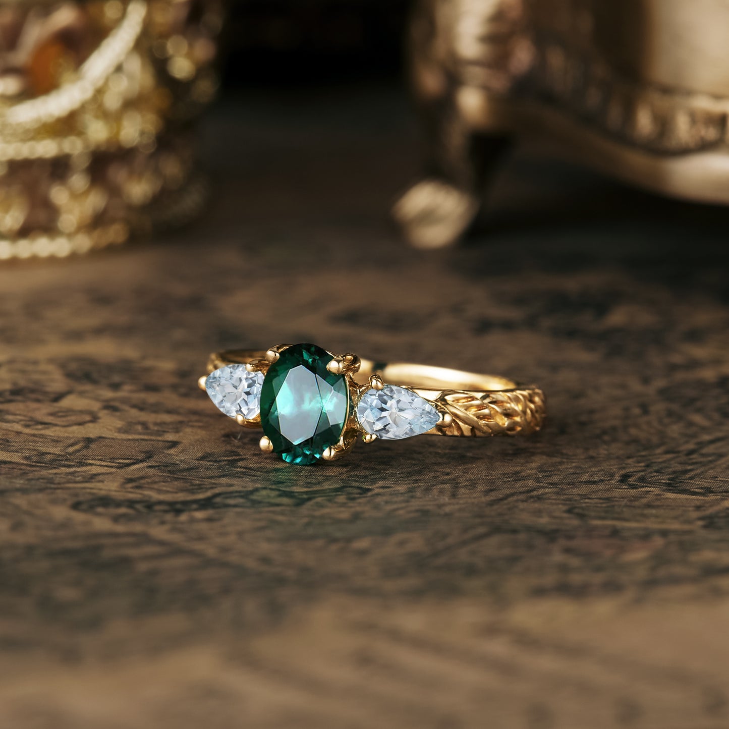 GemsMagic Oval Emerald&Aquamarine Cluster Engagement Ring