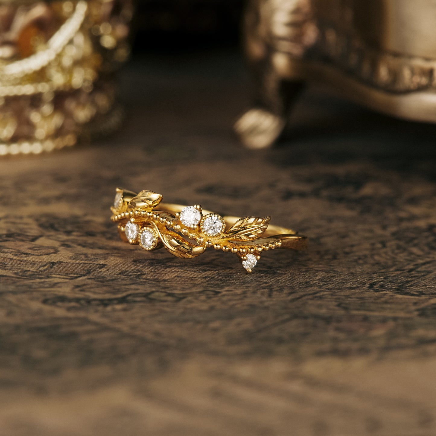 Moissanite Leaf Engraved Milgrain Wedding Band