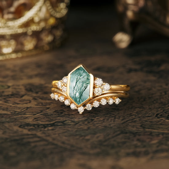 GemsMagic Vintage Moss Agate Engagement Ring Set 2pcs