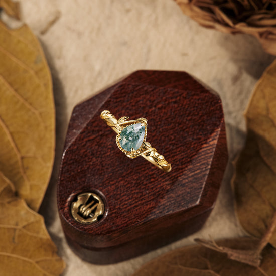 GemsMagic Pear Moss Agate Natural Inspired Leaf Engagement Ring