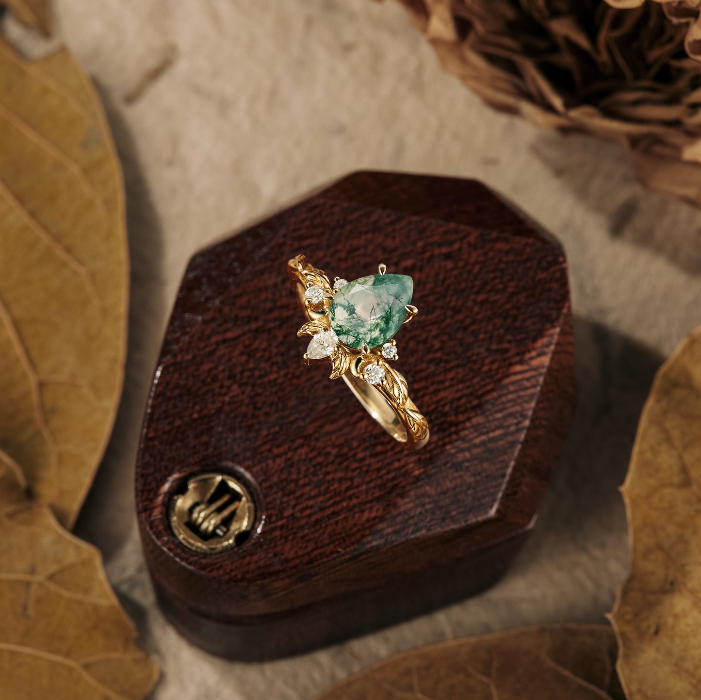 GemsMagic Pear Moss Agate Leaf Engagement Ring