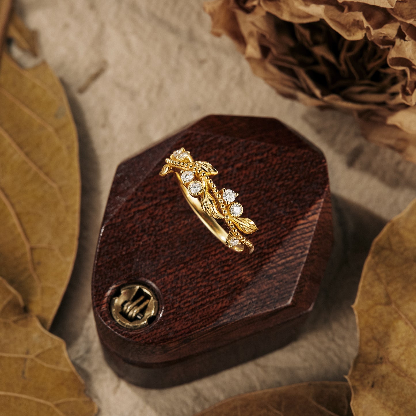 Moissanite Leaf Engraved Milgrain Wedding Band