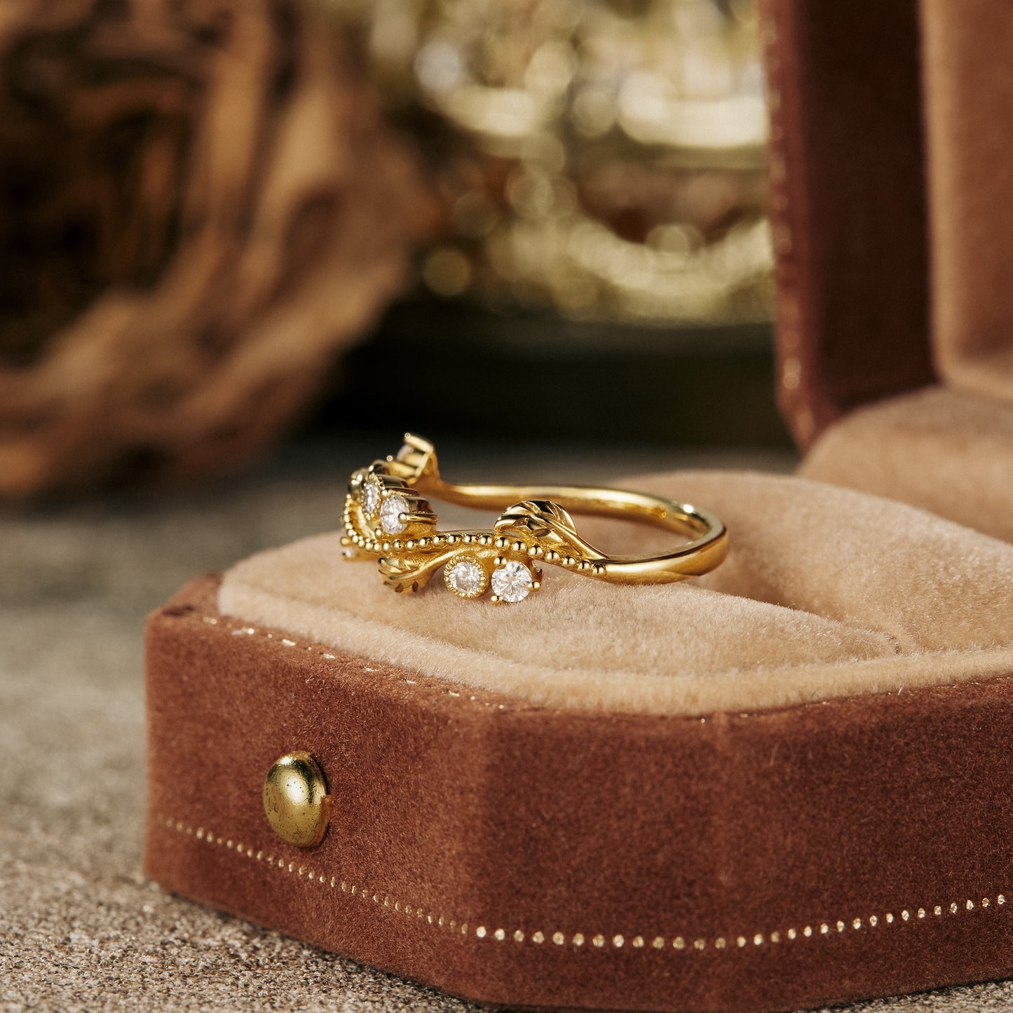 Moissanite Leaf Engraved Milgrain Wedding Band