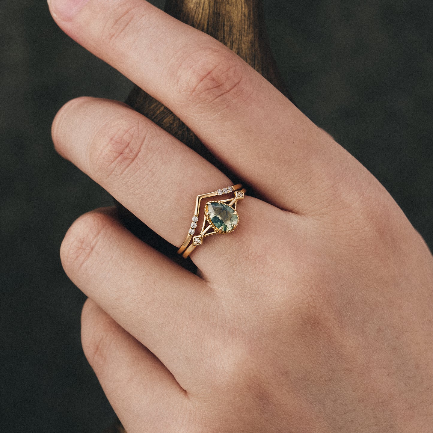 Moss Agate&Moissanite  Engagement Ring Set