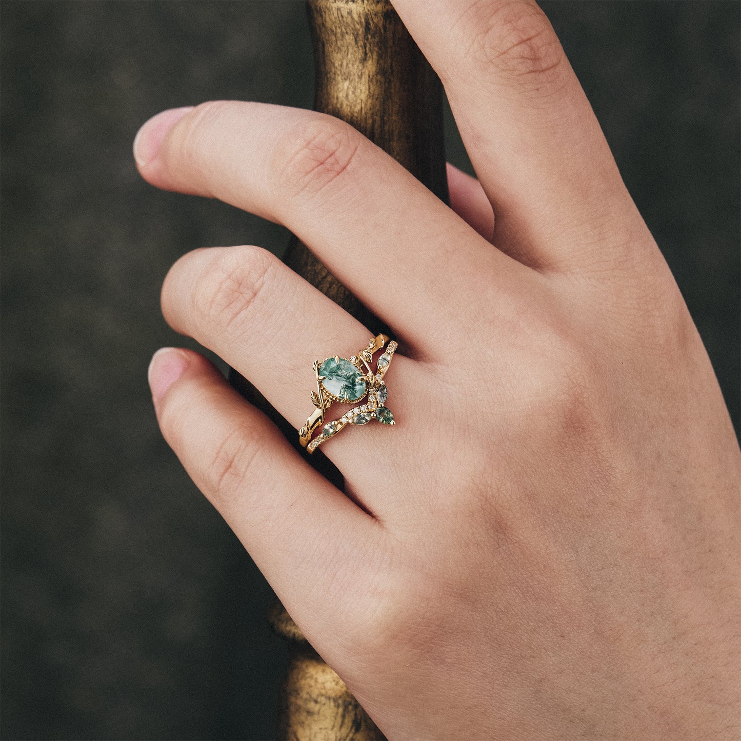 GemsMagic Oval Moss Agate Cluster Leaf Engagement Ring Set 2pcs - GemsMagic