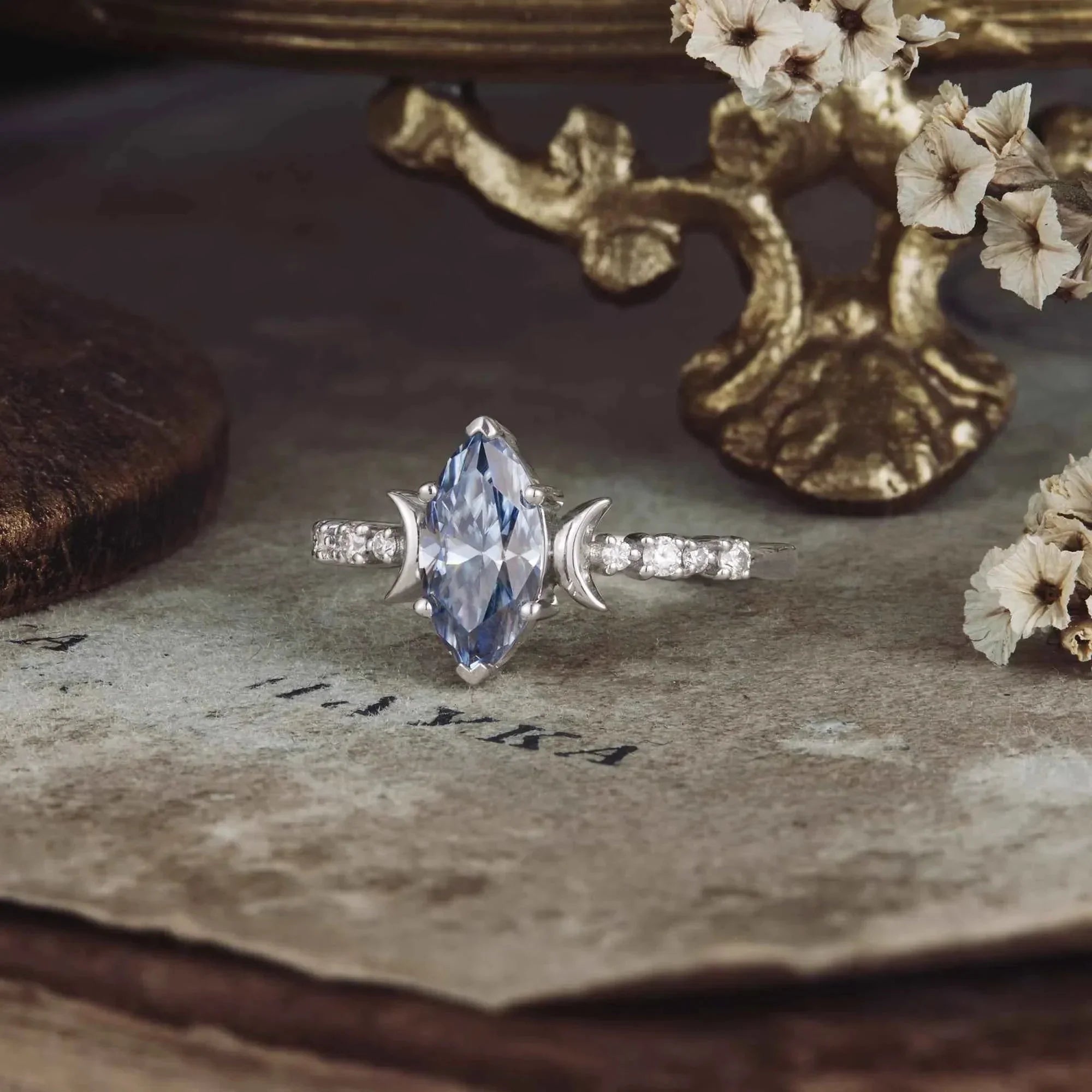 Moon Inspired Marquise Gray Moissanite Engagement Ring - GemsMagic