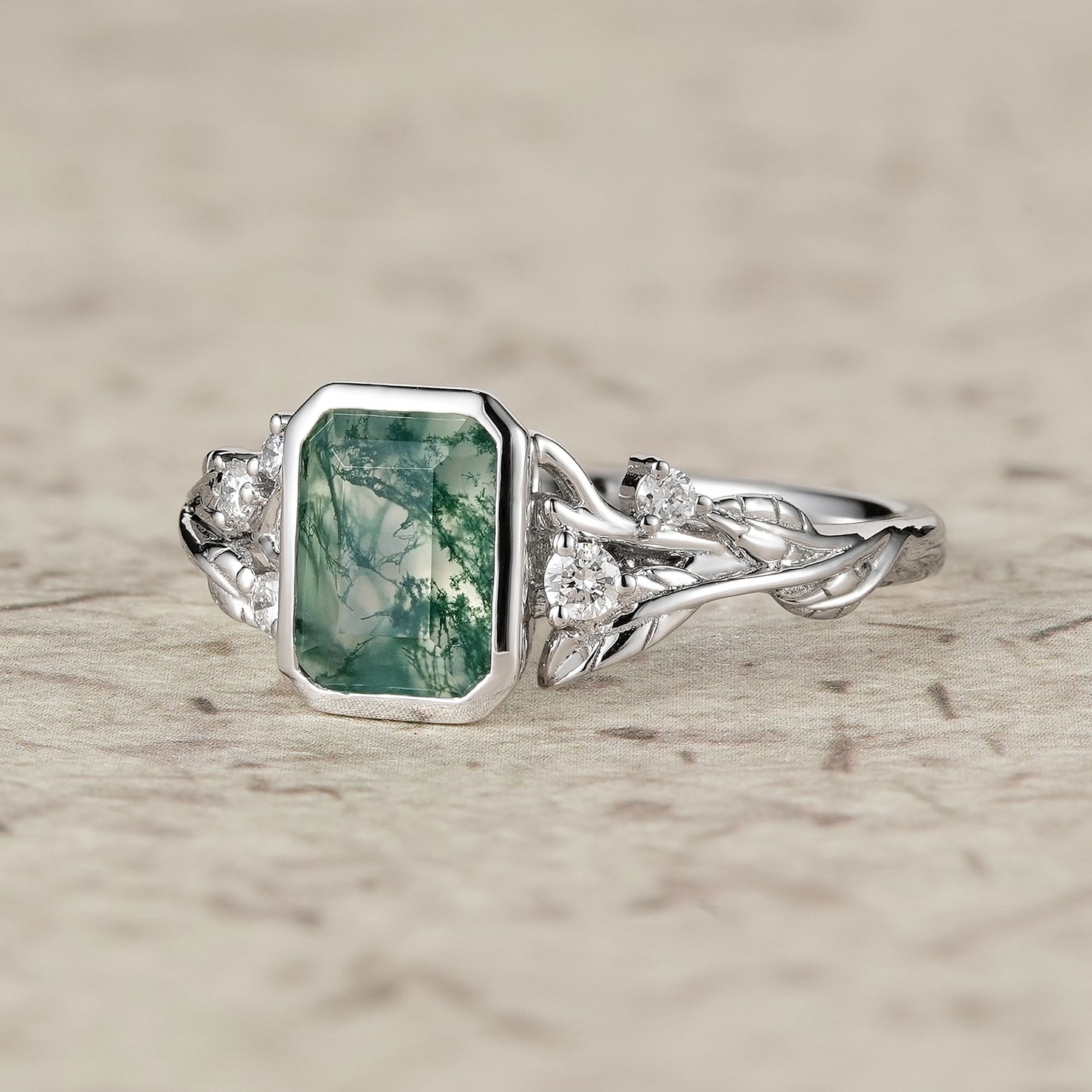 Emerald Cut Moss Agate Bazel Engagement Ring