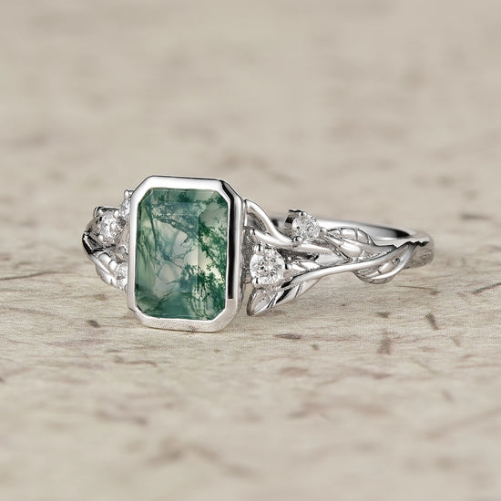 Emerald Cut Moss Agate Bazel Engagement Ring