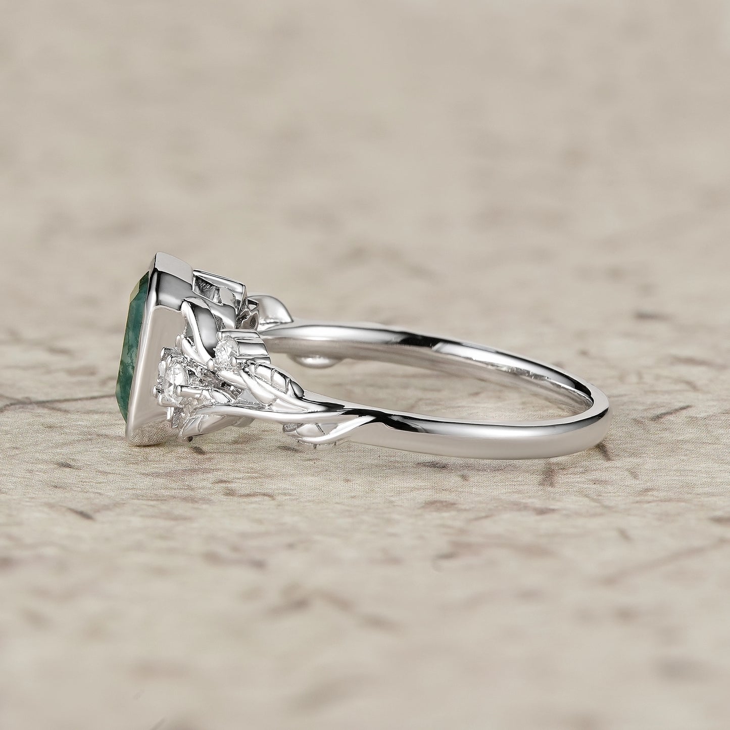 Emerald Cut Moss Agate Bazel Engagement Ring