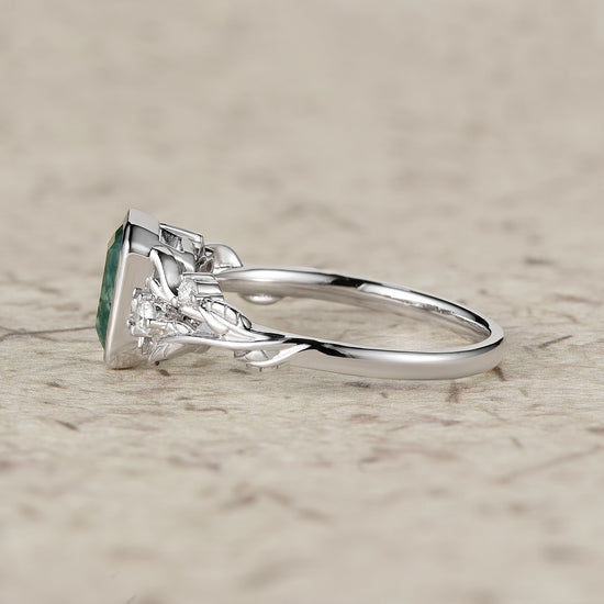 Emerald Cut Moss Agate Bazel Engagement Ring