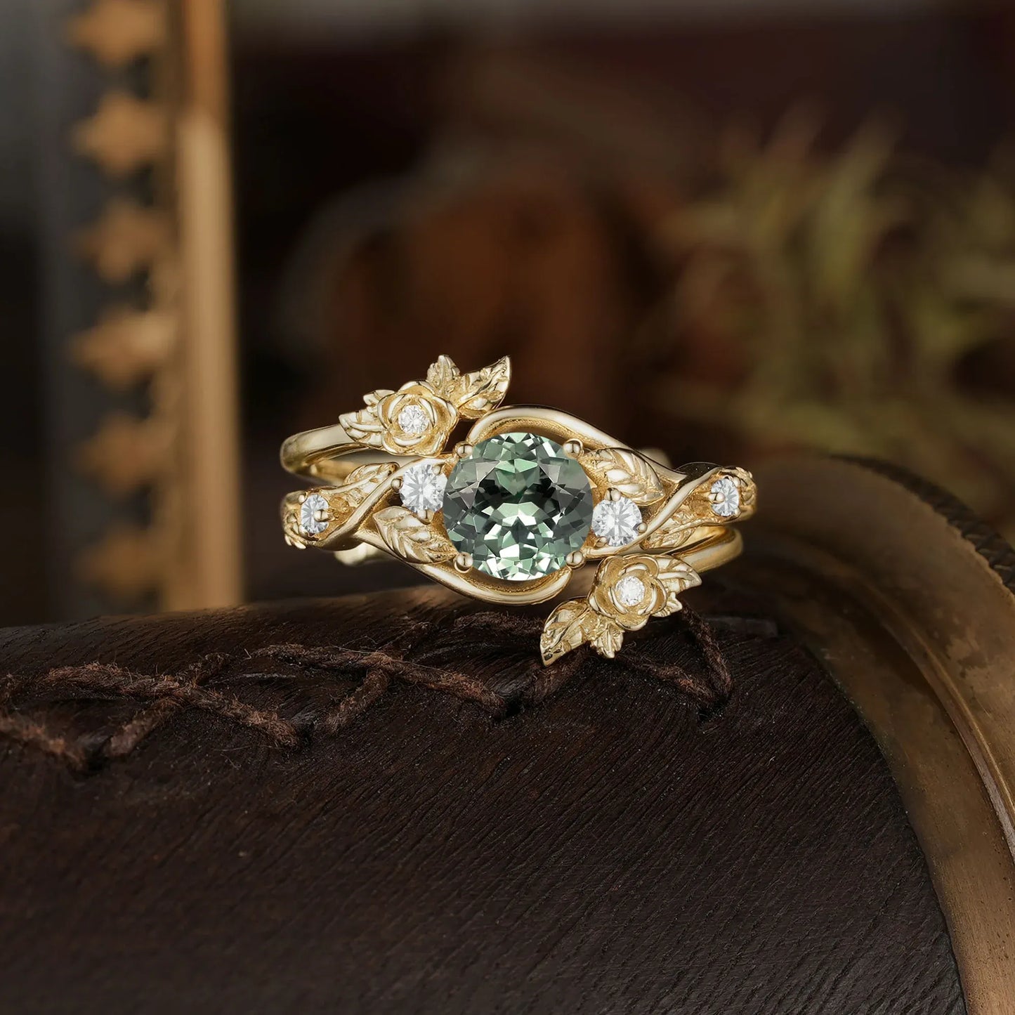 Green Sapphire Ring Set with moissanite