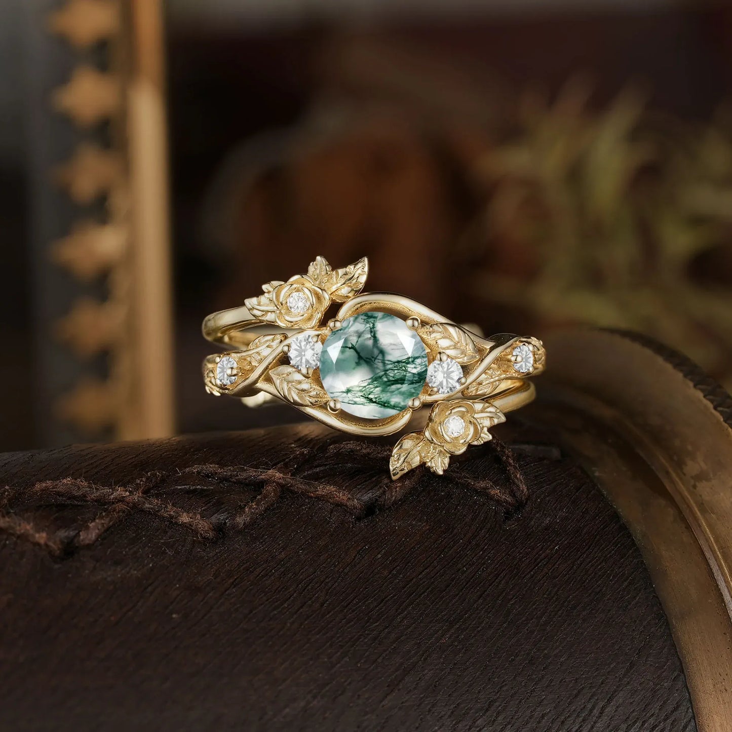 Moss agate ring set with moissanite