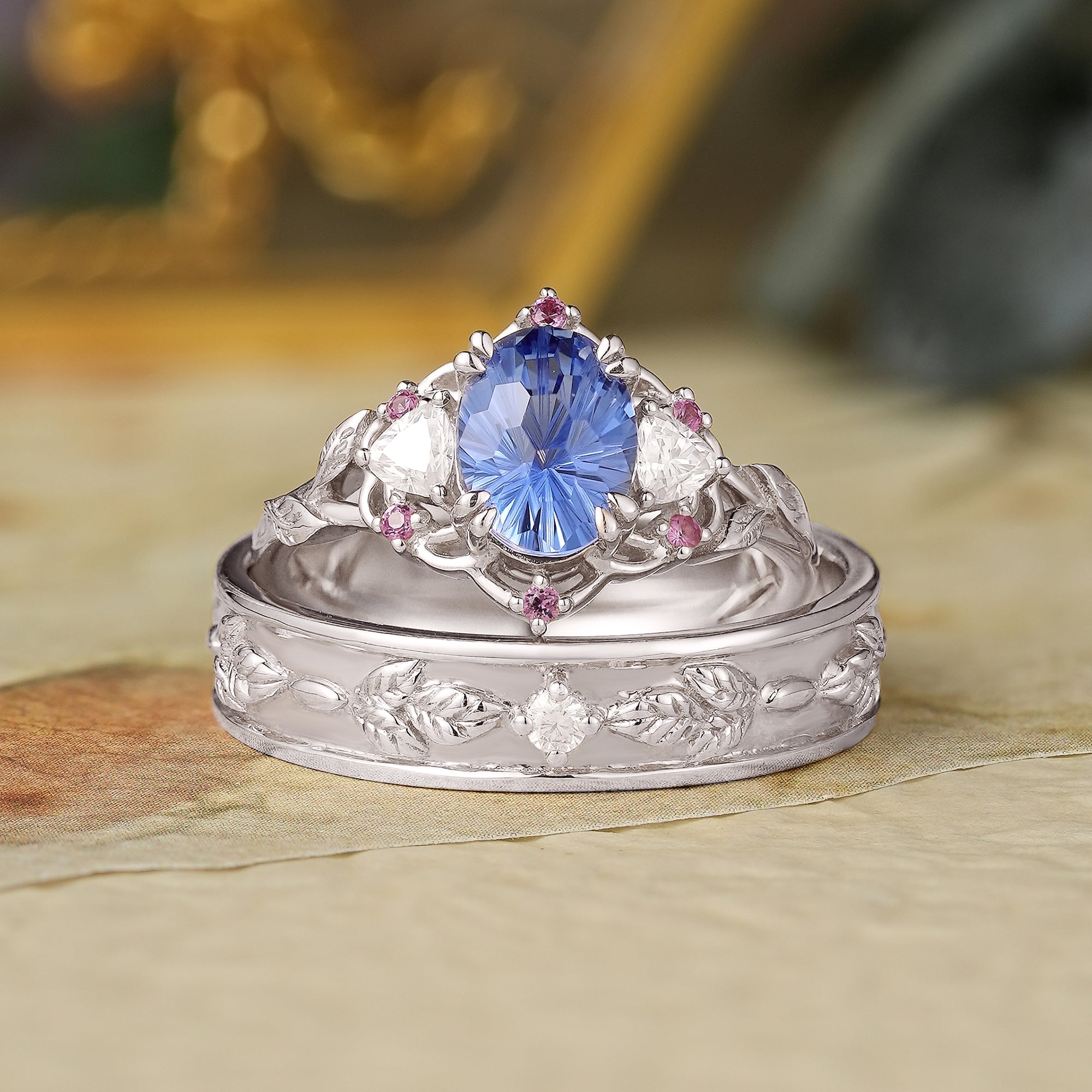 1.75ct 3 - Stone Sparkle - cut Cornflower Sapphire Couple Ring Set - Luna/Sol - GemsMagic