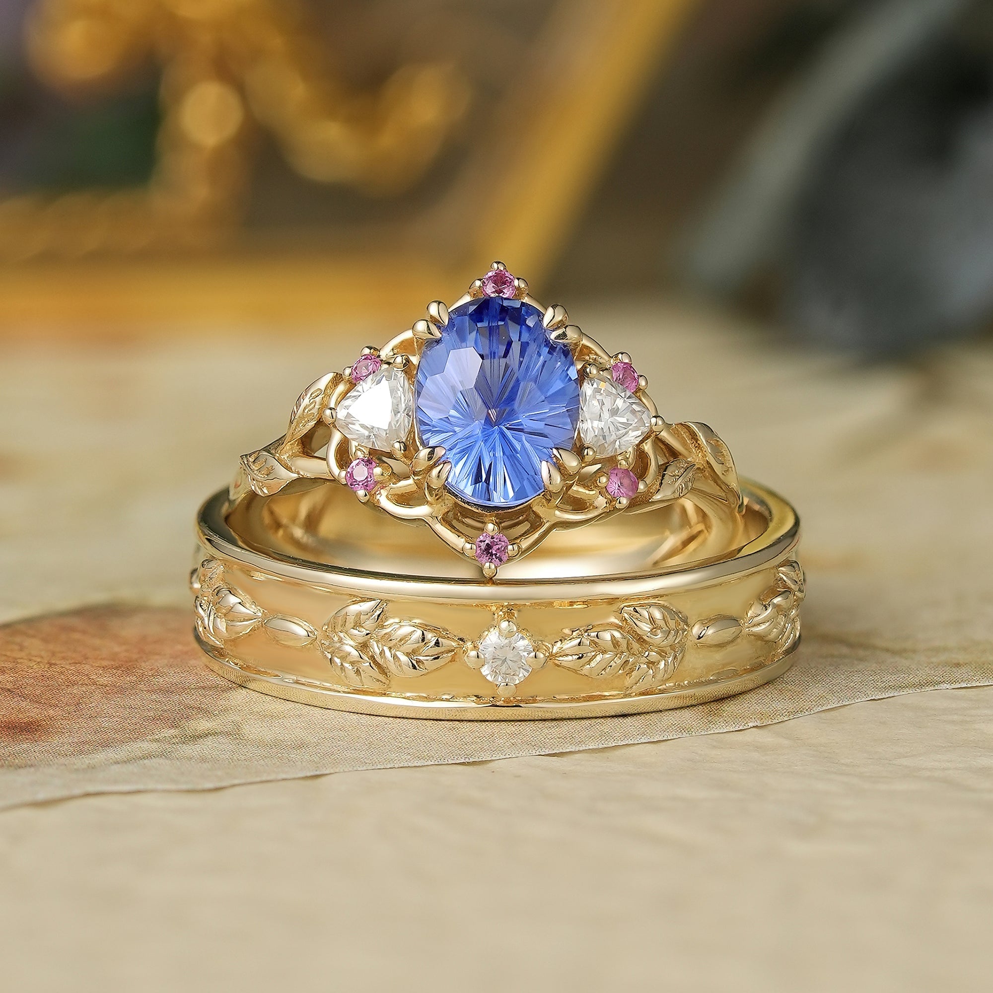 1.75ct 3 - Stone Sparkle - cut Cornflower Sapphire Couple Ring Set - Luna/Sol - GemsMagic