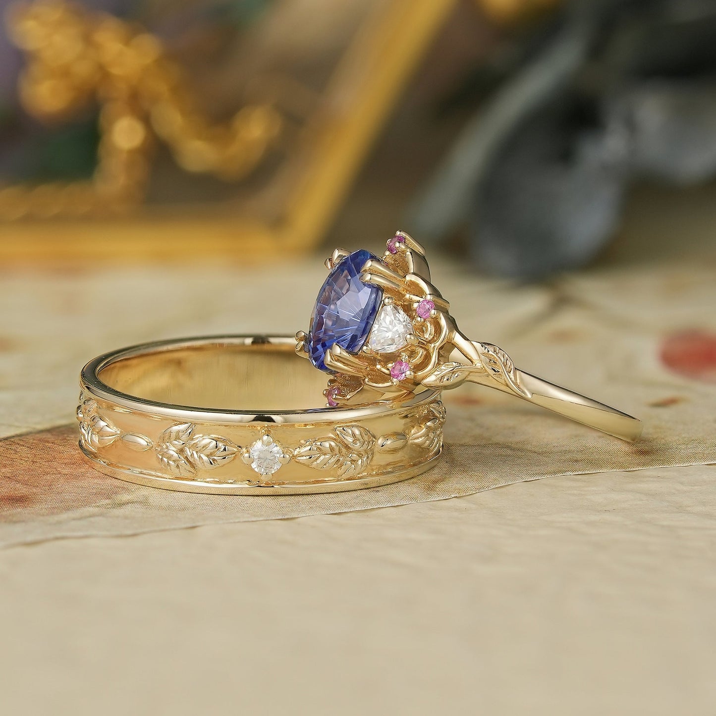 1.75ct 3 - Stone Sparkle - cut Cornflower Sapphire Couple Ring Set - Luna/Sol - GemsMagic