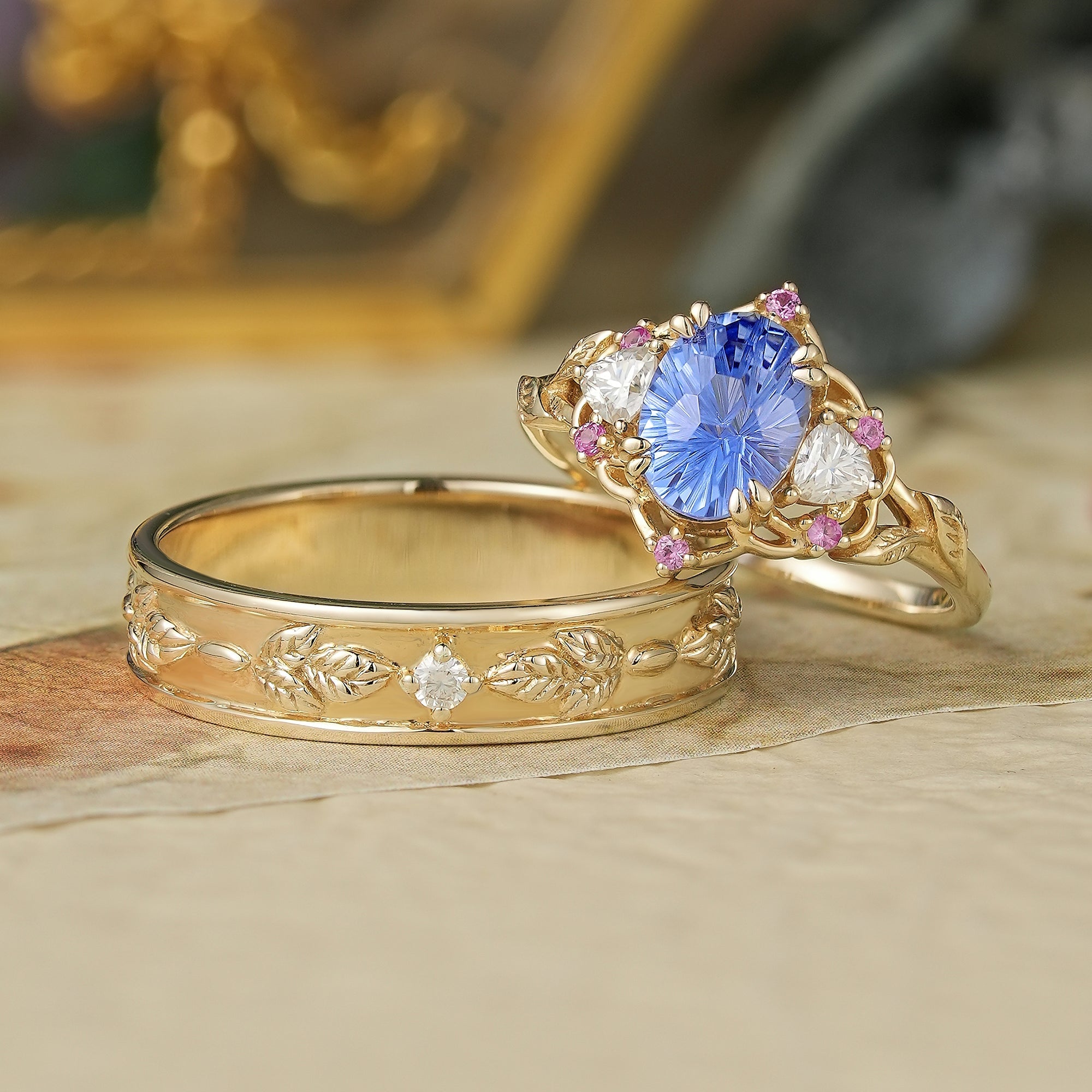 1.75ct 3 - Stone Sparkle - cut Cornflower Sapphire Couple Ring Set - Luna/Sol - GemsMagic