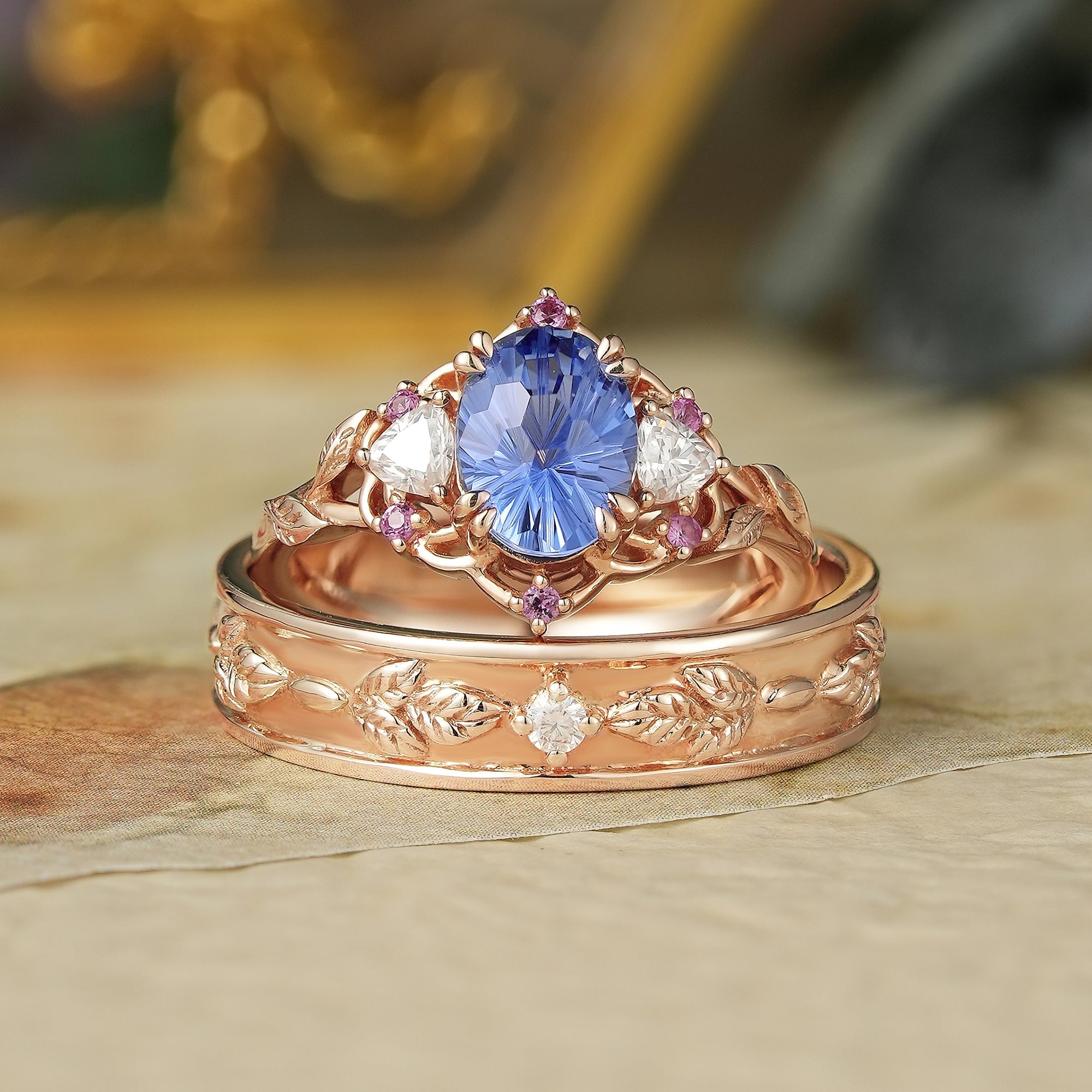 1.75ct 3 - Stone Sparkle - cut Cornflower Sapphire Couple Ring Set - Luna/Sol - GemsMagic