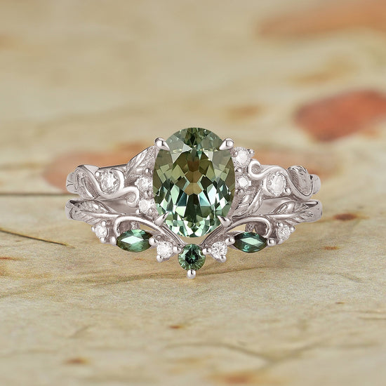 1.75ct Oval Green Sapphire Engagement Ring Set 2pcs - Octavia - GemsMagic