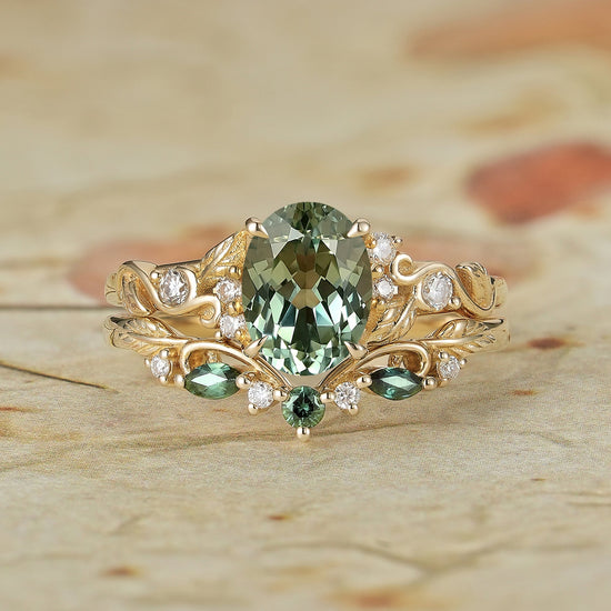 1.75ct Oval Green Sapphire Engagement Ring Set 2pcs - Octavia - GemsMagic