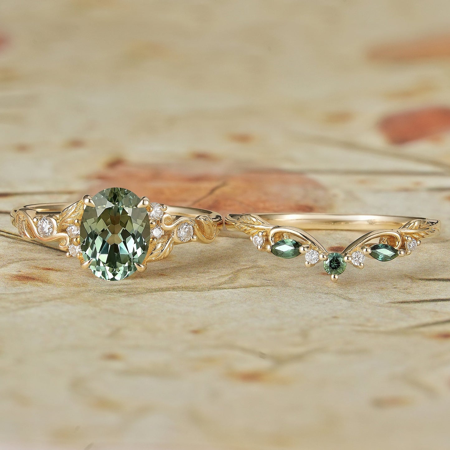 1.75ct Oval Green Sapphire Engagement Ring Set 2pcs - Octavia - GemsMagic