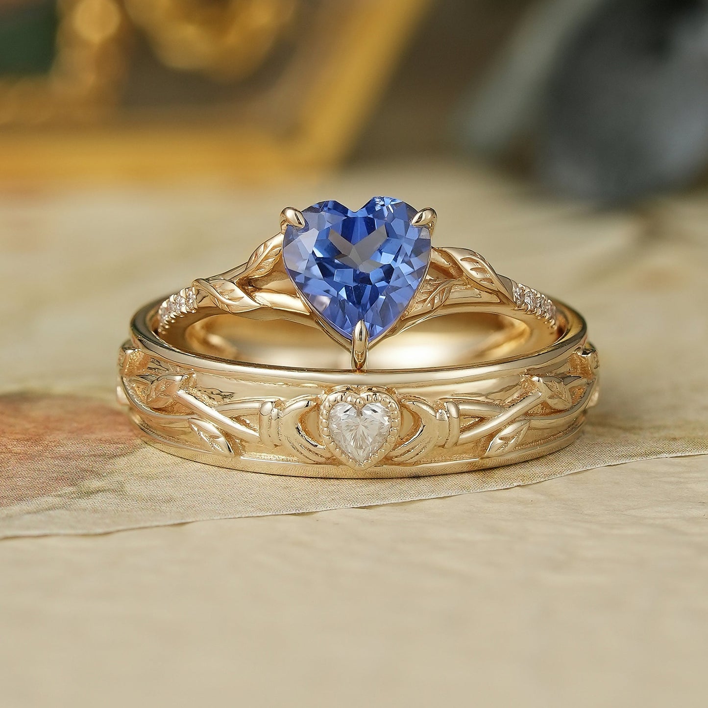 1.7ct Heart Shaped Sapphire&Moissanite Couple Ring Set - Two As One - GemsMagic