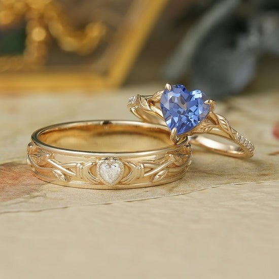 1.7ct Heart Shaped Sapphire&Moissanite Couple Ring Set - Two As One - GemsMagic