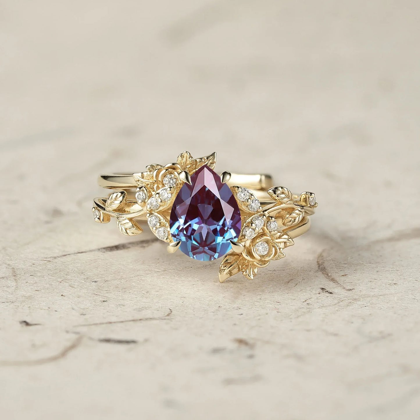 Pear Cut Alexandrite Leaf Ring Set