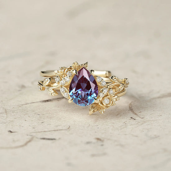 Pear Cut Alexandrite Leaf Ring Set