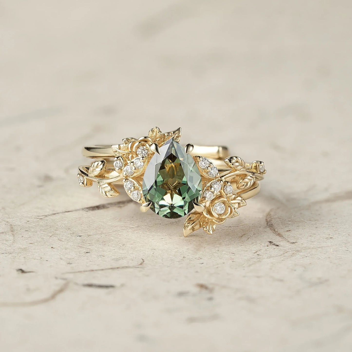 Pear Cut Green Sapphire Leaf Ring Set