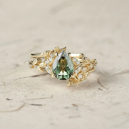 Pear Cut Green Sapphire Leaf Ring Set