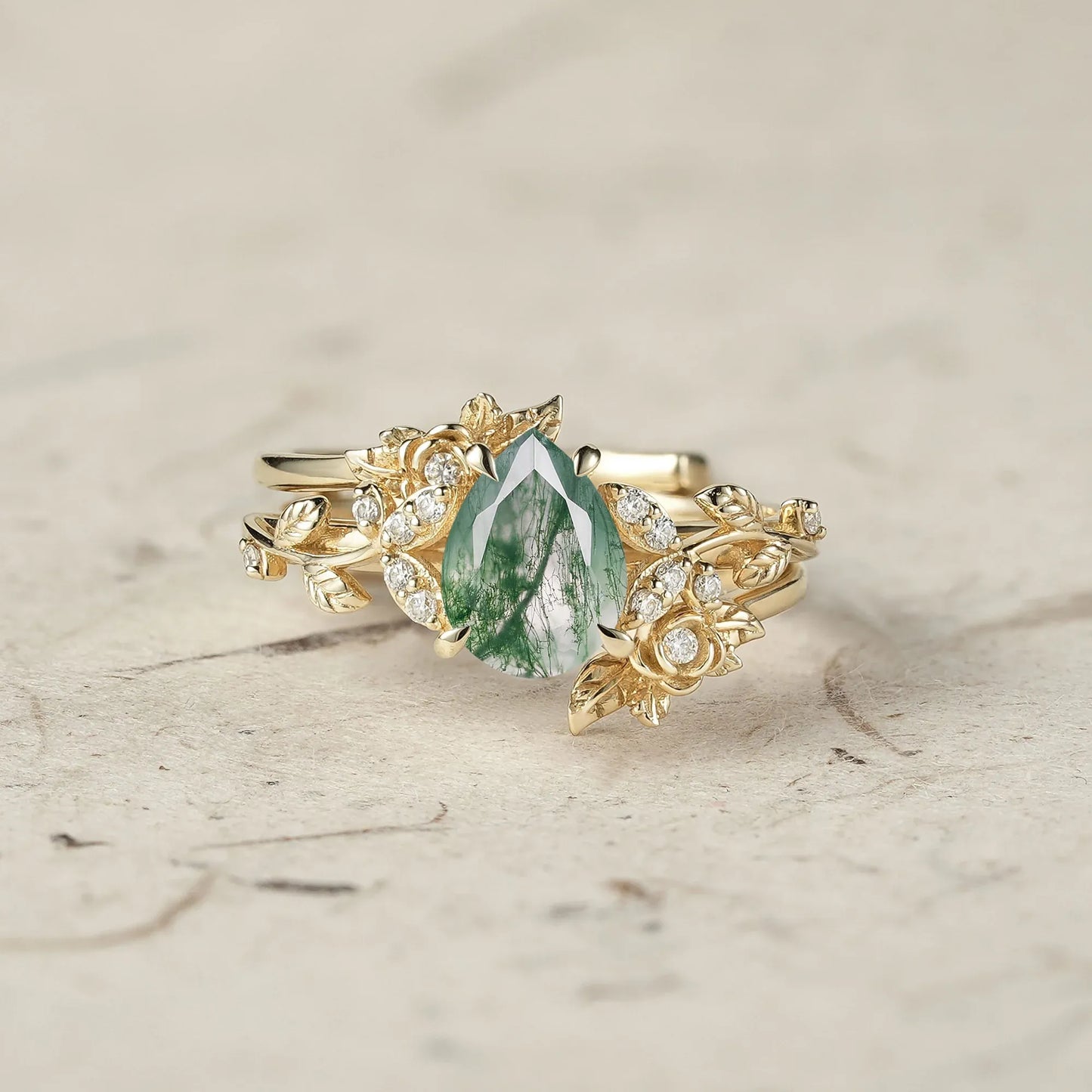 Pear Cut Moss Agate Leaf Ring Set