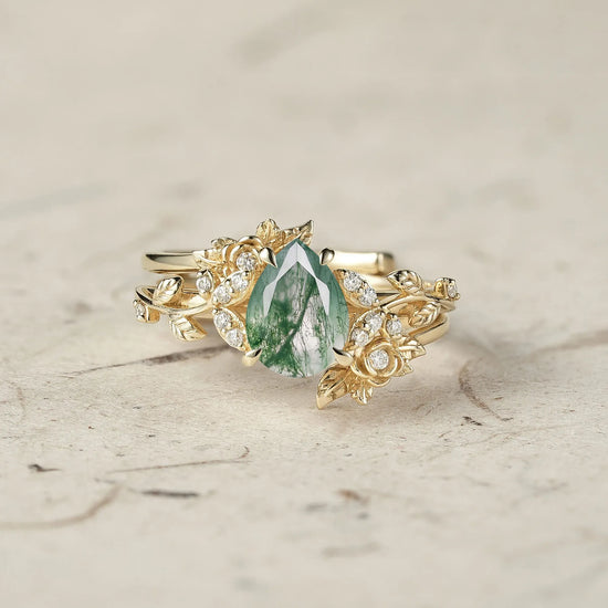 Pear Cut Moss Agate Leaf Ring Set