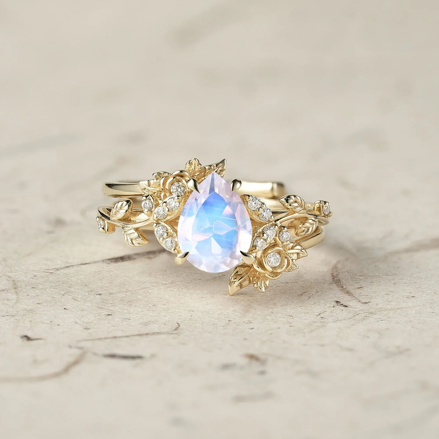 Pear Cut Moonstone Leaf Ring Set