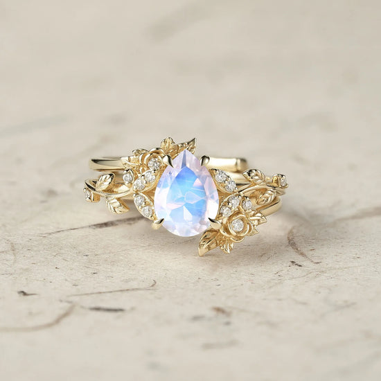 Pear Cut Moonstone Leaf Ring Set