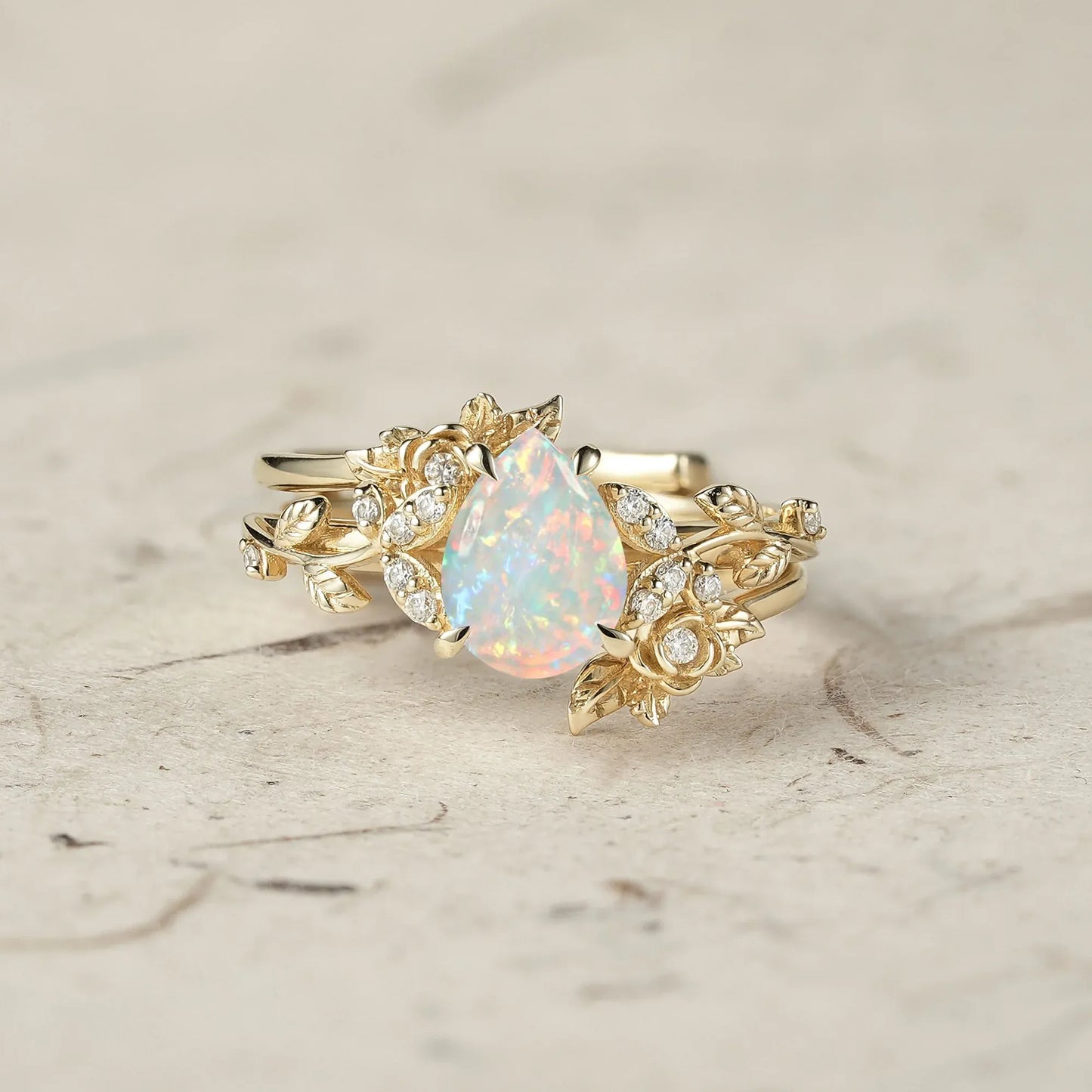 Pear Cut Opal Leaf Ring Set