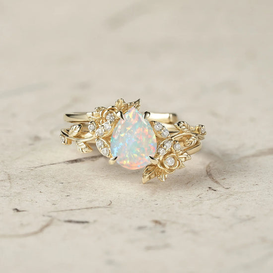 Pear Cut Opal Leaf Ring Set