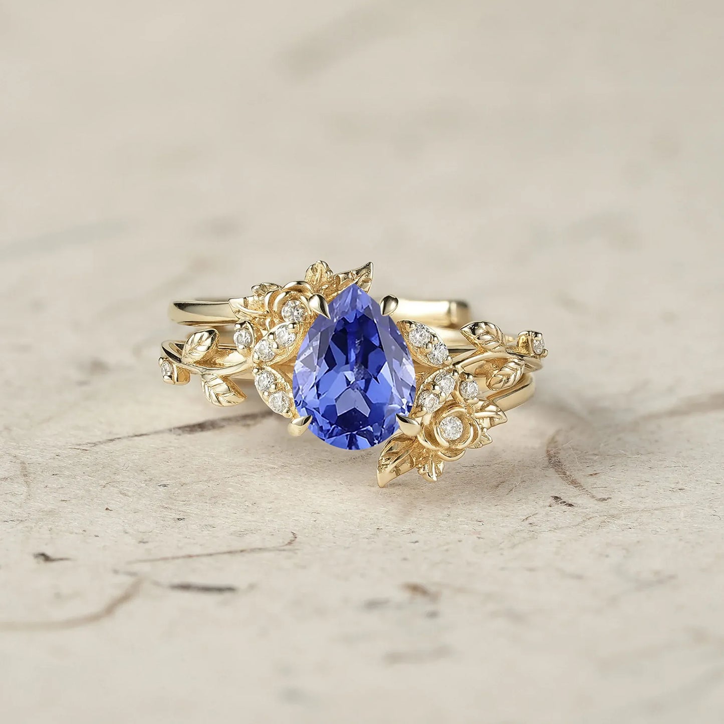 Pear Cut Cornflower Blue Sapphire Leaf Ring Set