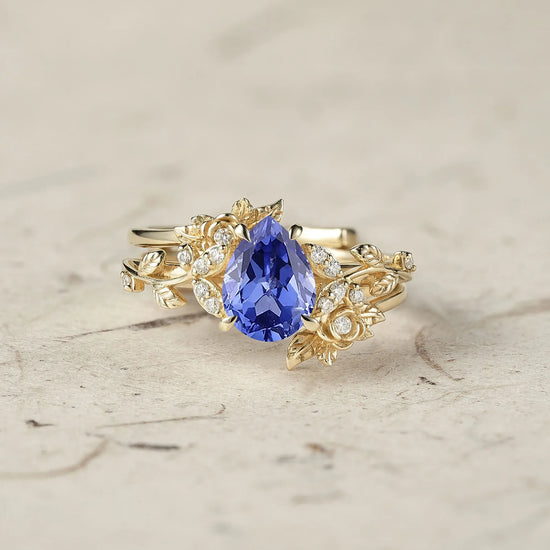 Pear Cut Cornflower Blue Sapphire Leaf Ring Set