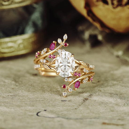 Oval Moissanite Half Eternity Ruby Leaf Engagement Ring Set
